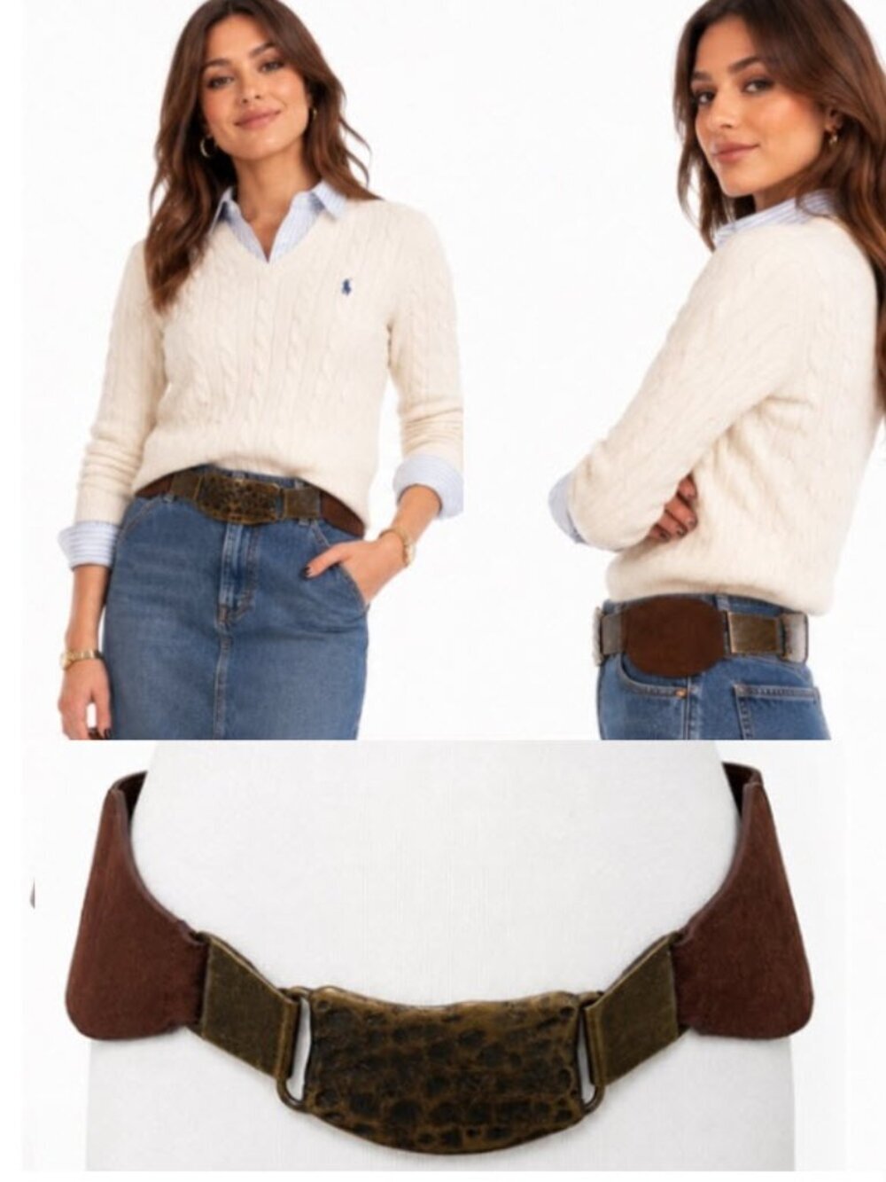 bebe Wide Elastic Waist Belt Brown Suede Hammered Brass Buckle Medium Large